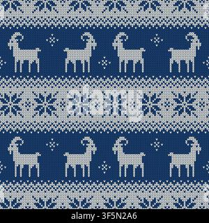 Knitted seamless pattern for 2027 New Year of the Goat. Vector background with cute goats and scandinavian ornaments. Blue and white sweater print. Stock Vector