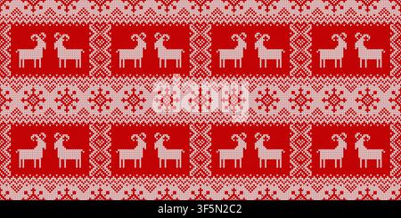Knitted seamless pattern for 2027 New Year of the Goat. Vector background with stylized goat, snowflakes and abstract ornaments. Red and white sweater Stock Vector