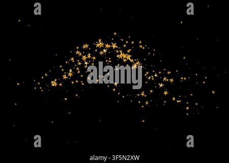 Golden stars scatter across a black background creating a sparkling festive confetti wave trail with flowing motion Stock Vector