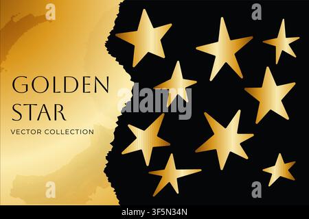 Golden gradient stars form a metallic decorative collection beside a torn paper texture on a black background Stock Vector