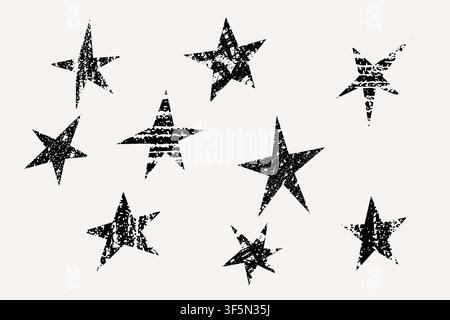Distressed black stars form a grunge texture set featuring nine rough vintage shapes with worn ink patterns Stock Vector