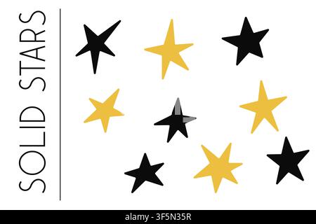 Nine black and yellow stars form a bold handmade collection featuring solid irregular shapes on a clean white background Stock Vector