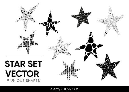 Nine black stars create a textured grunge set featuring rough patterns unique shapes spots stripes and distressed details Stock Vector