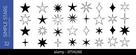 Simple black stars create a varied collection of outline and filled starburst sparkle icons with clean geometric shapes Stock Vector