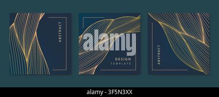 Vector set of wavy luxury line cards, golden dynamic square backgrounds, posts, design template. Art deco abstract patterns, texture for print, fabric Stock Vector