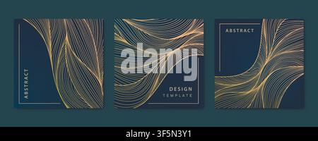 Vector set of abstract luxury golden square cards, post templates for social net, wavy line art background. Art Deco Pattern, texture for print Stock Vector