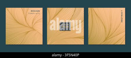 Vector set of abstract luxury golden square cards, post templates for social net, wavy line art background. Art Deco Pattern, texture for print Stock Vector