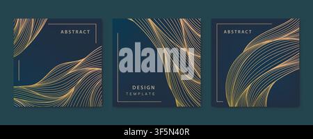 Vector set of wavy luxury line cards, golden dynamic square backgrounds, posts, design template. Art deco abstract patterns, texture for print, fabric Stock Vector