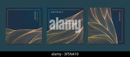Vector set of wavy luxury line cards, golden dynamic square backgrounds, posts, design template. Art deco abstract patterns, texture for print, fabric Stock Vector