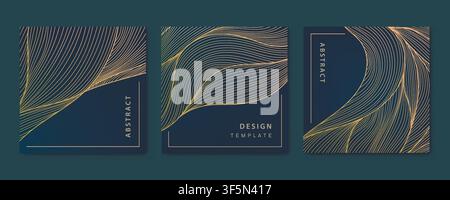 Vector set of abstract luxury golden square cards, post templates for social net, wavy line art background. Art Deco Pattern, texture for print Stock Vector