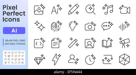 Generative AI Tools line icon set. Image, text, code, music, video, chat bot, 3D generators application linear minimal vector illustration. Simple Stock Vector