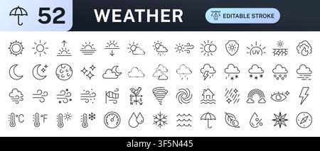 Weather line icon set. Sun moon, rain cloud, thunder storm, sunrise, wind, snow, night sky, climate change minimal vector illustrations. Simple Stock Vector