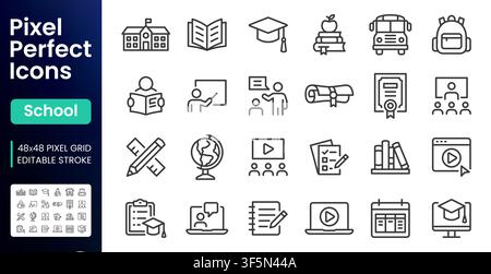 Education, E-Learning line icon set. School, book, graduation cap, teacher, university diploma, course linear minimal vector illustration. Simple Stock Vector