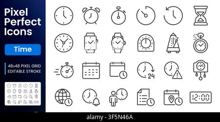 Time Management line icon set. Clock, alarm, stopwatch, timer, calendar, date, location, working hours linear minimal vector illustration. Simple Stock Vector