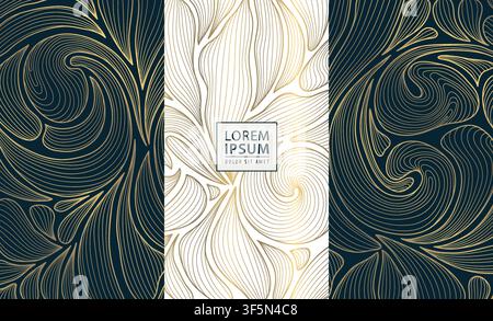 Luxury floral pattern with elegant golden line flowers, leaves, and botanical ornaments art deco style. Packaging, labels, tea and wine branding Stock Vector