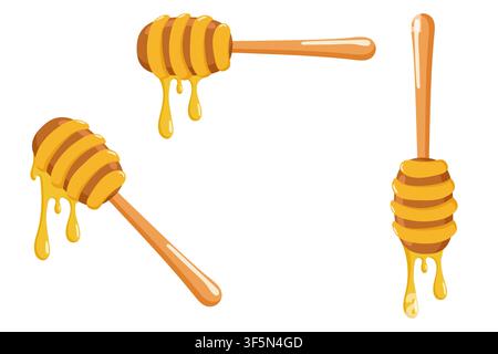 Wooden honey dippers dripping golden honey. Sweet vector illustration perfect for food, organic product Stock Vector