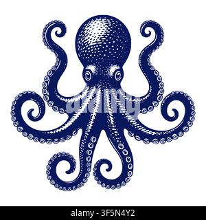 Octopus with tentacles emerges from the waves, sketch. Vector illustration. The drawing is isolated on a white background. Seafood, fishing, diving an Stock Vector
