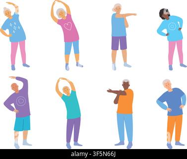 Elderly people doing warm-up exercises. Set of isolated characters. Flat vector illustration for senior fitness, active aging. Stock Vector