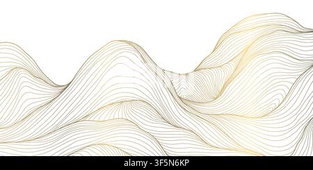 Vector wave nature pattern, line gold on white background with mountains, ocean, sea, japanese style. Elegant ornament wall art, poster, oriental Stock Vector