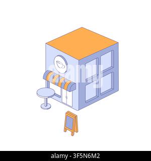 Small outdoor cafe with round table and signboard, isometric view. Flat vector illustration for hospitality, coffee shop branding Stock Vector