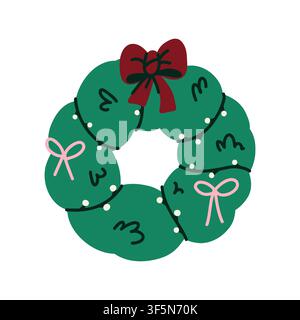 Minimal Christmas Wreath Decorated with Red Bows and Garland Lights, Hand Drawn Holiday Evergreen Illustration for Greeting Cards, Seasonal Branding a Stock Vector