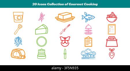 Set of twenty distinct gourmet cooking icons including kitchen tools, ingredients, and food items in vibrant colors Stock Vector