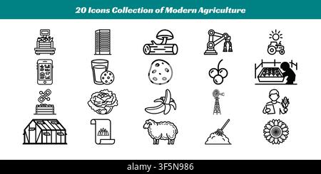 Twenty black-and-white vector icons representing contemporary farming, technology, and agricultural processes Stock Vector