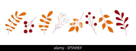 Set of autumn orange leaves and branches with rowanberries. Flat vector illustration for fall decor, seasonal wreaths, patterns Stock Vector