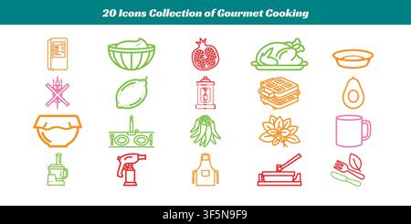 Bright and stylized collection of 20 gourmet cooking icons featuring kitchen tools and food items in vector format Stock Vector