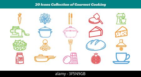 Twenty colorful icons representing various gourmet cooking elements like kitchen tools, ingredients, and dishes in vector format. Stock Vector