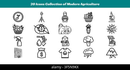 Twenty stylized black-and-white icons depicting contemporary agricultural concepts and tools Stock Vector