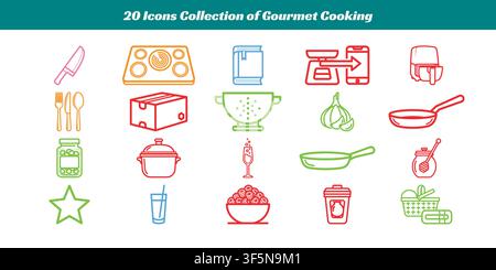 Twenty stylish icons representing gourmet cooking tools, ingredients, and kitchenware in flat design style Stock Vector