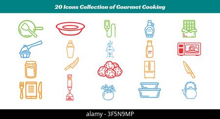 Twenty colorful icons representing various gourmet cooking tools and ingredients in a stylized vector format. Stock Vector