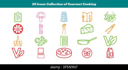 Set of 20 vibrant icons representing gourmet cooking tools and ingredients in a stylized vector format Stock Vector