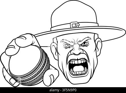 An angry drill instructor or sergeant bootcamp army soldier cartoon character holding cricket ball sports team mascot illustration. Stock Vector