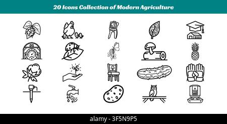 Twenty black and white vector icons depicting farming, education, tools, and agricultural practices. Stock Vector