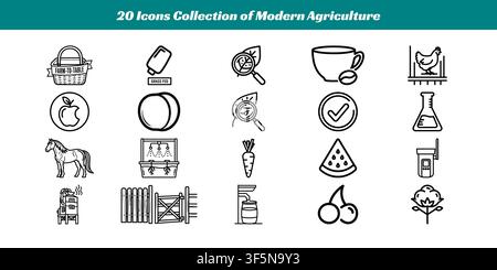 Black and white vector icons depicting farming tools, livestock, crops, food processing, and agricultural technology Stock Vector