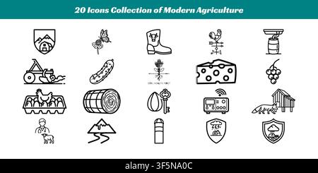 Twenty stylized icons depicting farming tools, livestock, crops, and agricultural technology for contemporary farming. Stock Vector