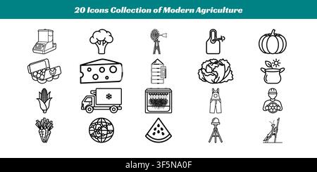 Twenty black-and-white vector icons representing contemporary farming tools, crops, livestock, and processes. Stock Vector