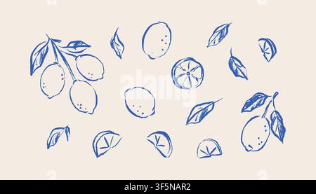 Set of hand drawn sketch line art doodle lemon fruit, branch, leaves. Pencil scribbles. Vintage botany citrus plant design element. Italian background Stock Vector
