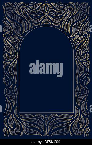 Elegant gold arch frame, ornate leaves Art Nouveau line details on a dark background. Premium vector design with decorative swirls, floral elements Stock Vector