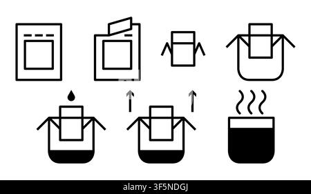 Minimalist line icons set for drip coffee bag brewing instructions and step-by-step preparation guide on packaging design. Stock Vector