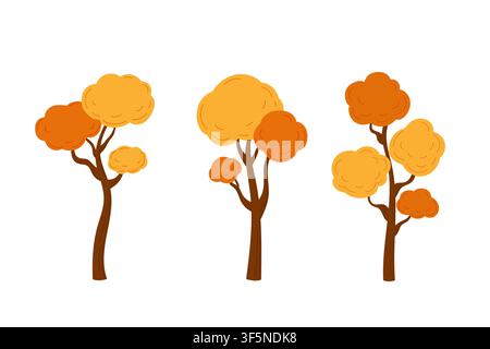 Set of yellowed autumn trees with falling leaves. Flat vector illustration for fall landscapes, seasonal decor, poster, banners Stock Vector