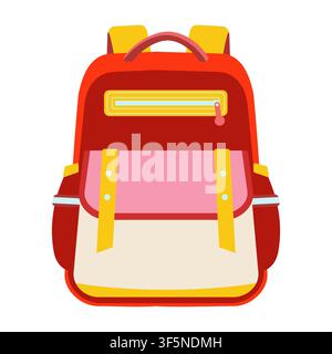 Bright childrens school backpack with colorful design. Flat vector illustration for back to school, kids fashion, educationa Stock Vector
