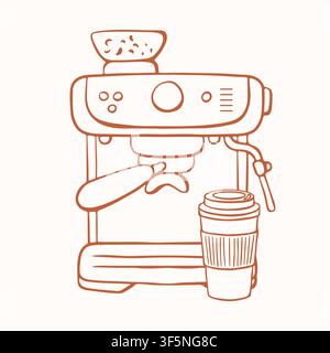 Espresso coffee machine with paper cup in line art style. Kitchen appliance for beverage making. Cafe equipment. Minimalist brown outline vector Stock Vector