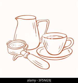 Coffee set with portafilter, milk pitcher and cup on saucer. Minimalist line art outline drawing of professional barista equipment. Brown monochrome Stock Vector