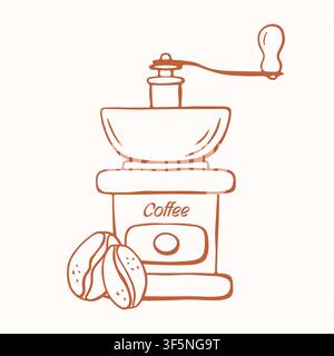 Coffee hand mill with roasted bean in sketch line art style. Kitchen equipment for brewing fresh drink. Brown color minimalist icon as vector Stock Vector