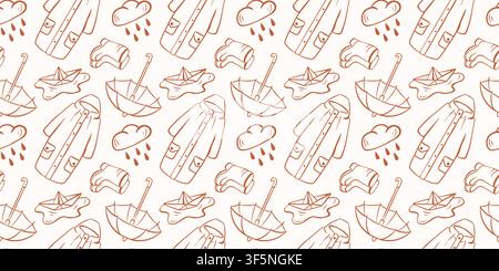 Seamless autumn rain pattern with umbrella, raincoat, boot, cloud and paper boat in line art style. Seasonal weather background. illustration for Stock Vector