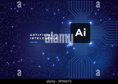 Artificial intelligence chip banner, glowing blue circuit board processor pattern on dark background, futuristic AI tech vector template. Stock Vector