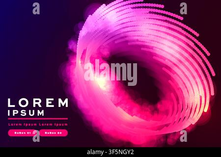 Pink abstract swirl background with glowing dotted rings, smoke effect, futuristic vortex banner template design Stock Vector